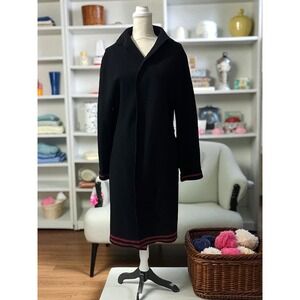 Vintage Field Manor Black Merino Wool Open Front Cardigan Duster Coat Red Trim M